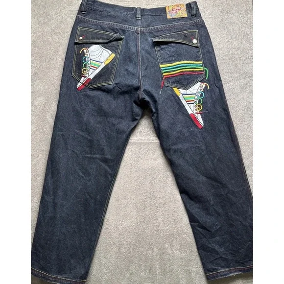 Coogi Men's 44x33 Baggy Jeans Dark Wash Wide Leg‎ Embroidered Hip Hop Denim